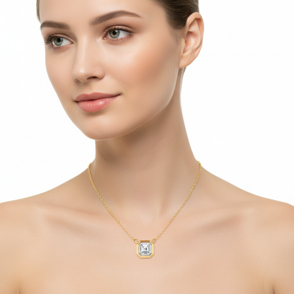 Two-tone asscher-cut diamond pendant necklace on model