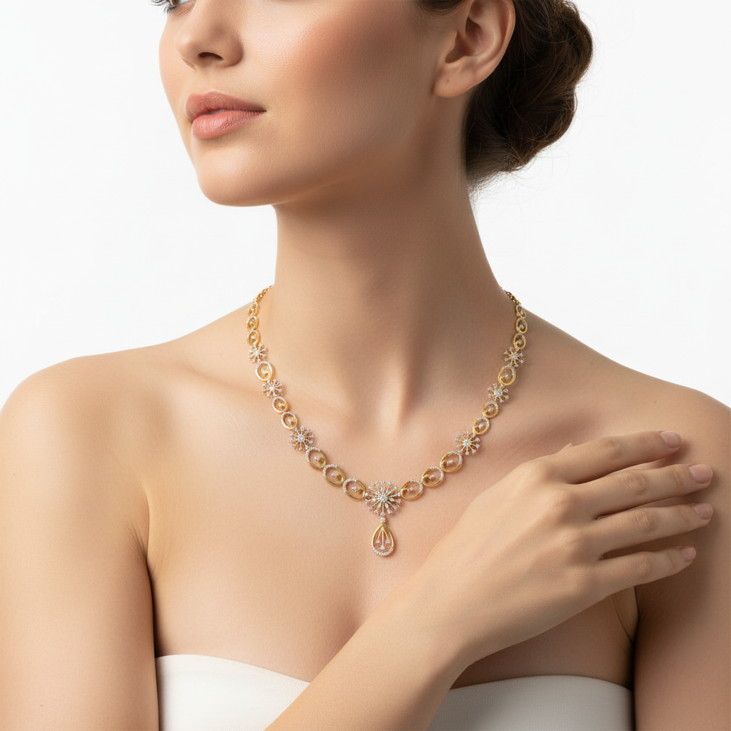 Two-tone diamond necklace on model