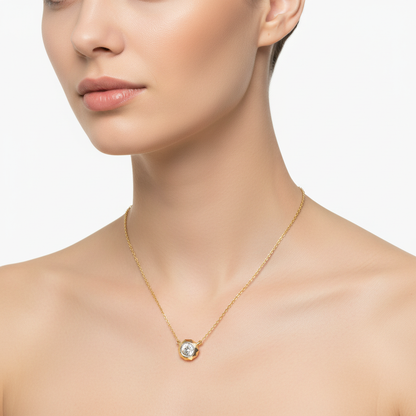 Two-tone diamond pendant necklace on model