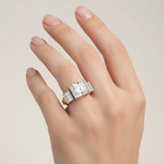 Two-tone gold cushion-cut diamond engagement ring with baguette side stones on model