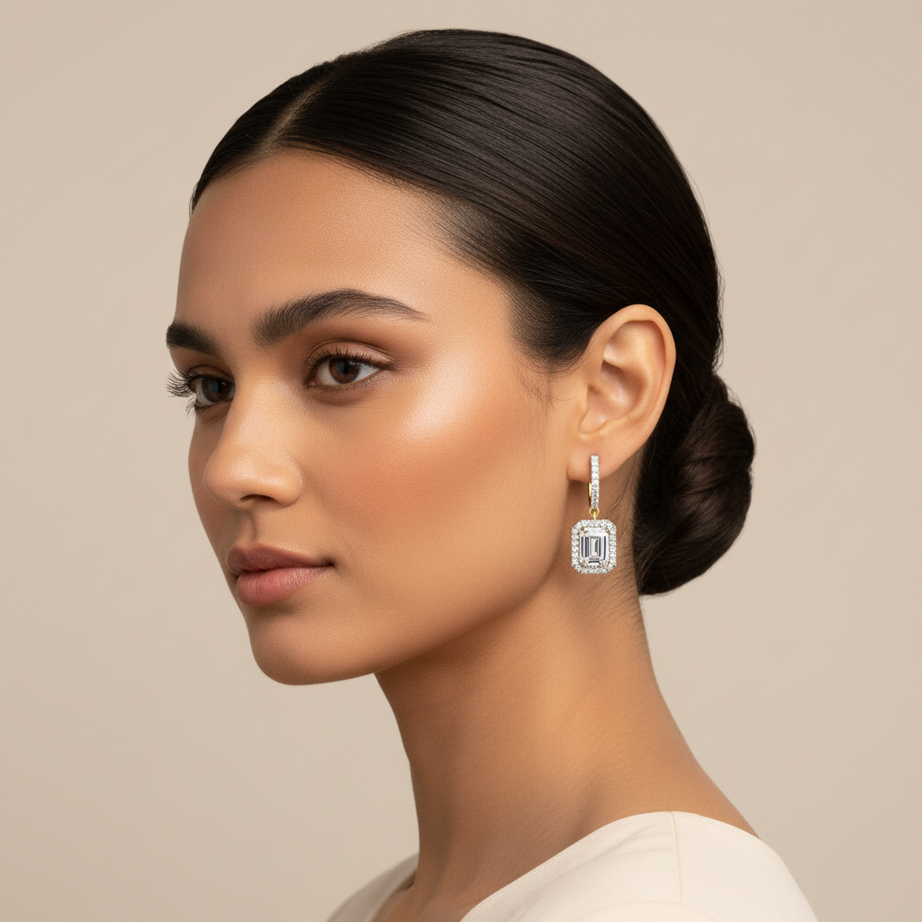 Two-tone gold emerald-cut diamond halo drop earrings on model