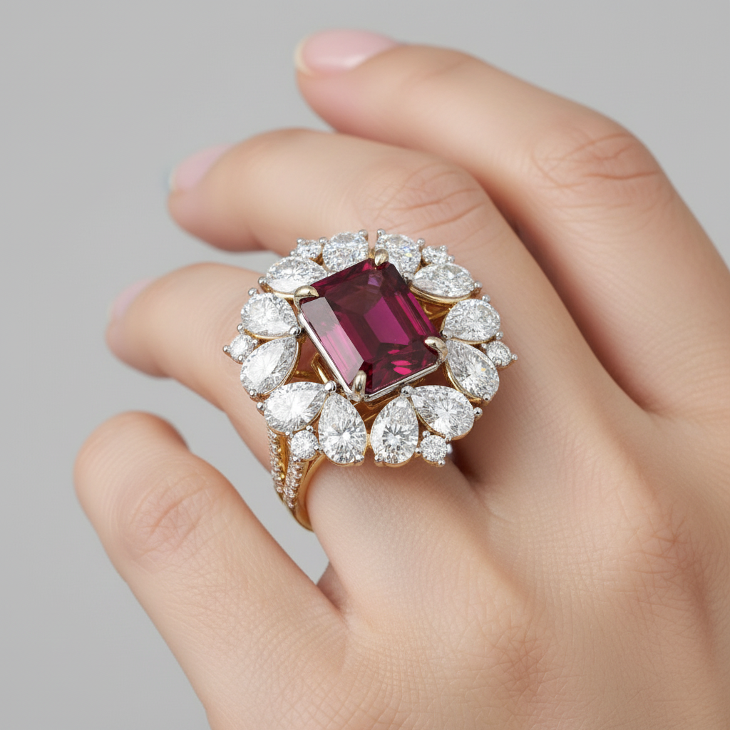 Two-tone gold emerald-cut ruby and round diamond cluster cocktail ring on model