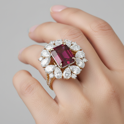Two-tone gold emerald-cut ruby and round diamond cluster cocktail ring on model