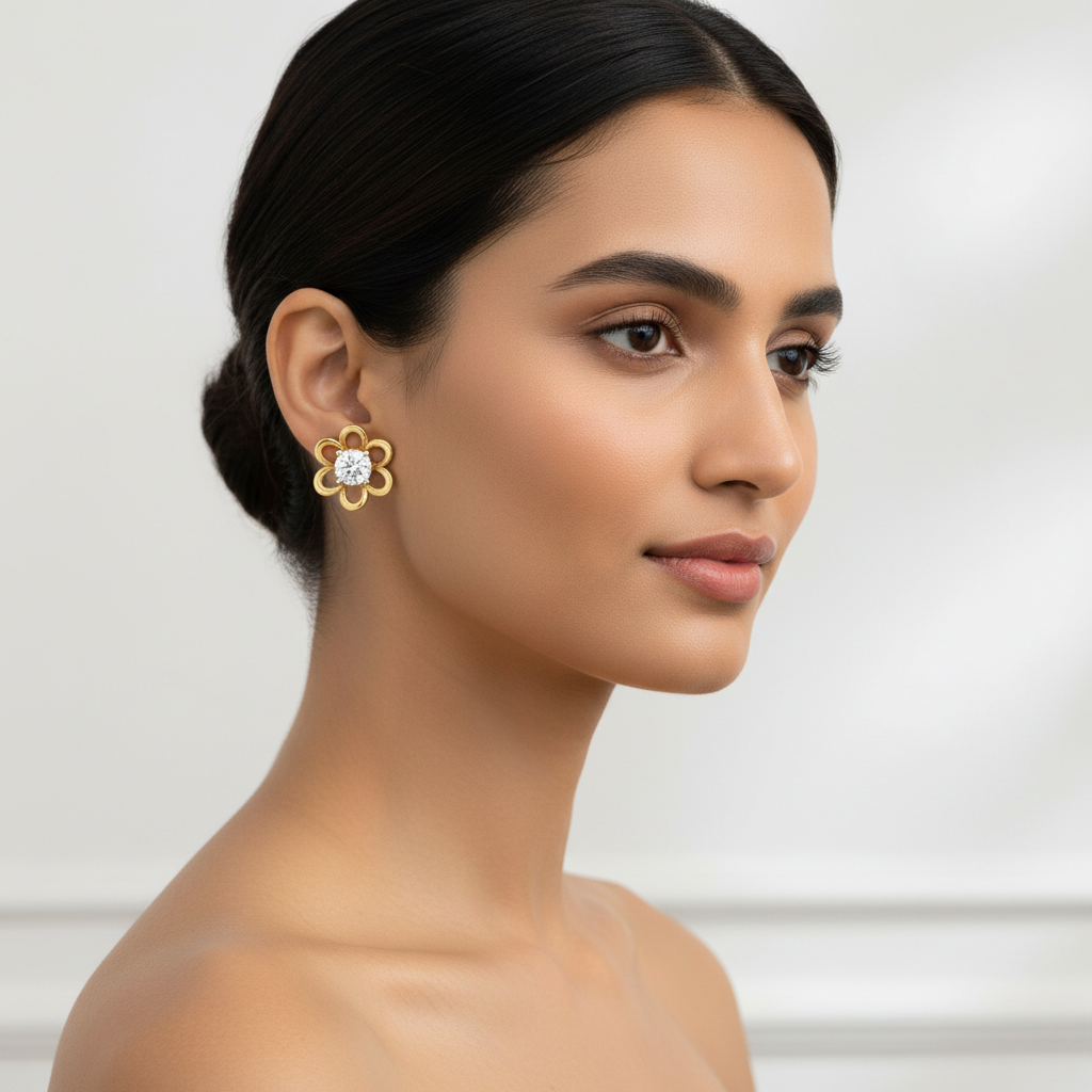 Two-tone gold openwork flower diamond stud earrings on model