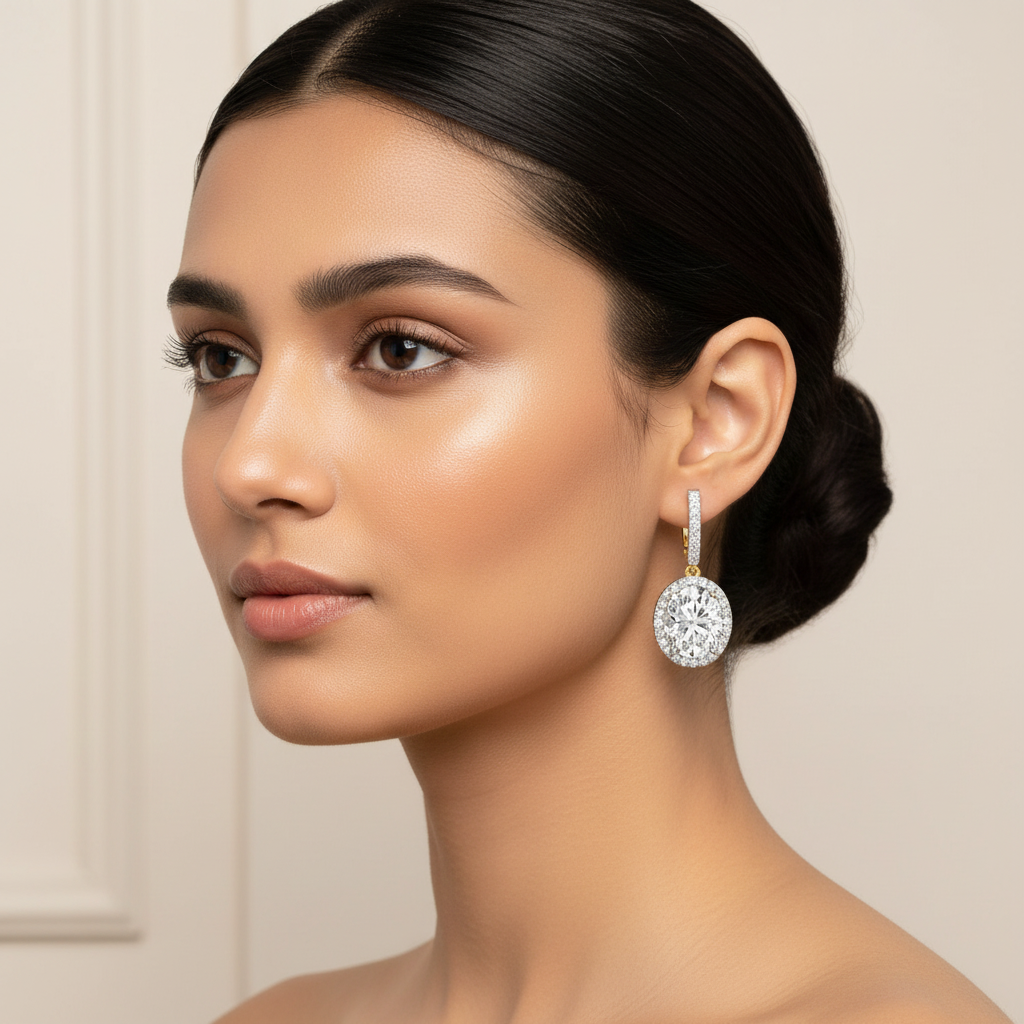 Two-tone gold oval diamond halo drop earrings on model