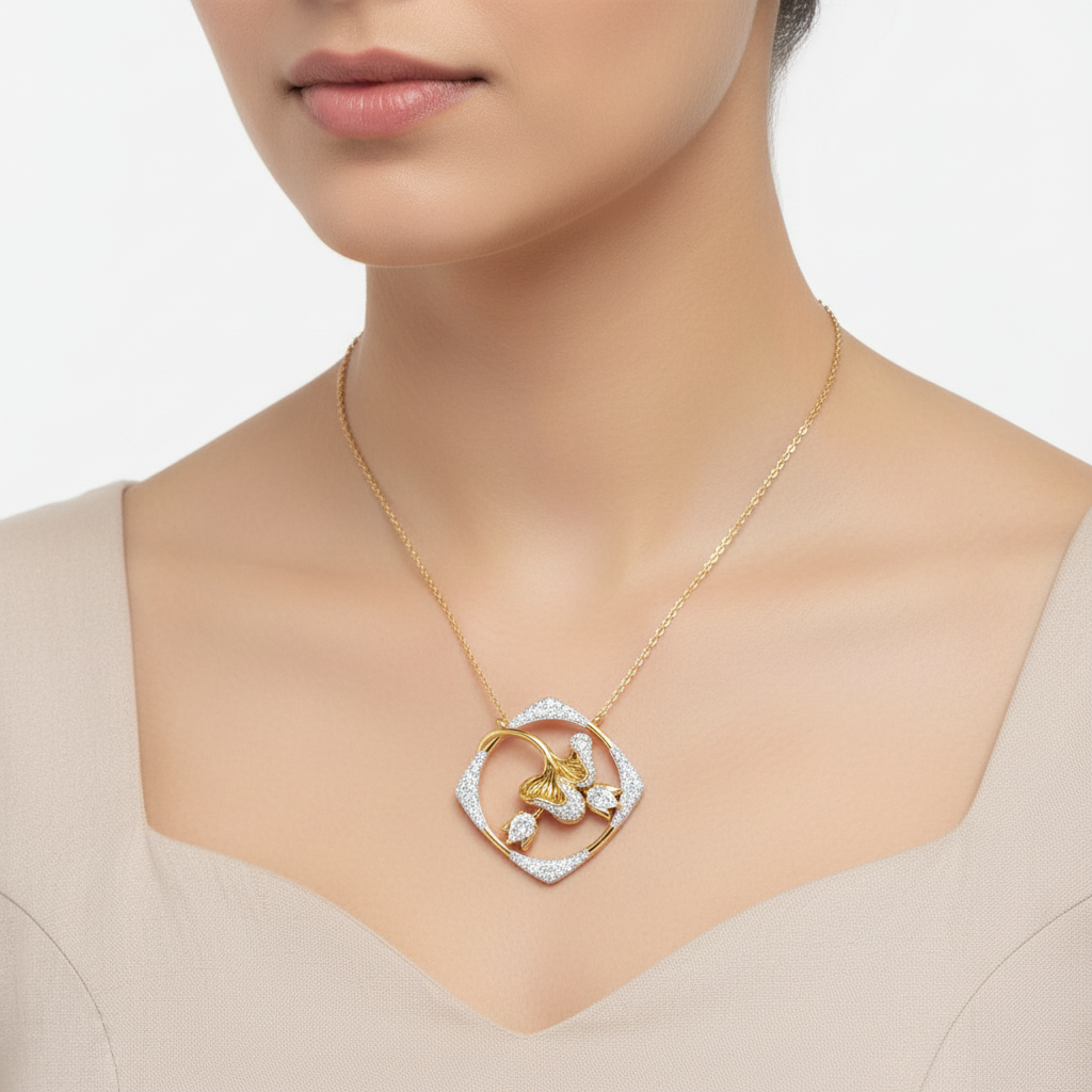 Two-tone gold peacock-inspired diamond pendant with ornate filigree design on model