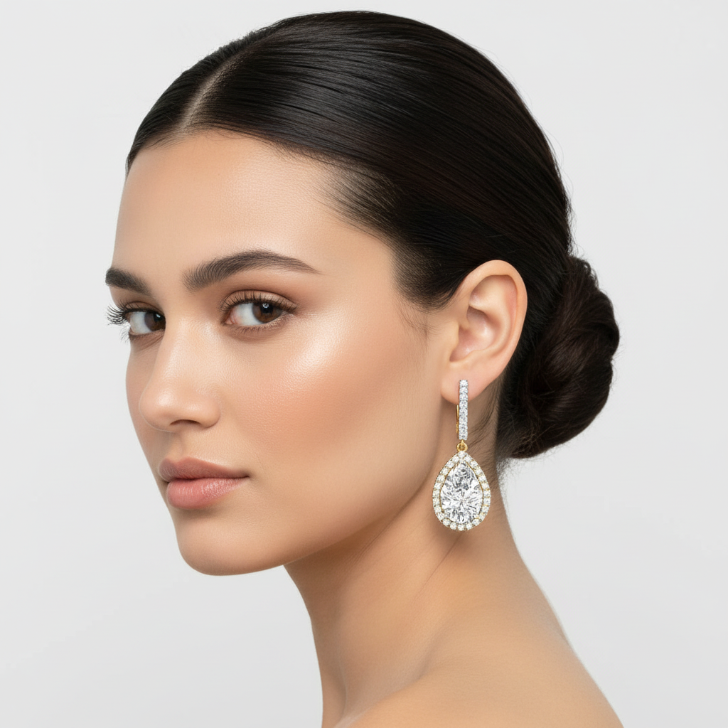 Two-tone gold pear-shaped diamond halo drop earrings on model