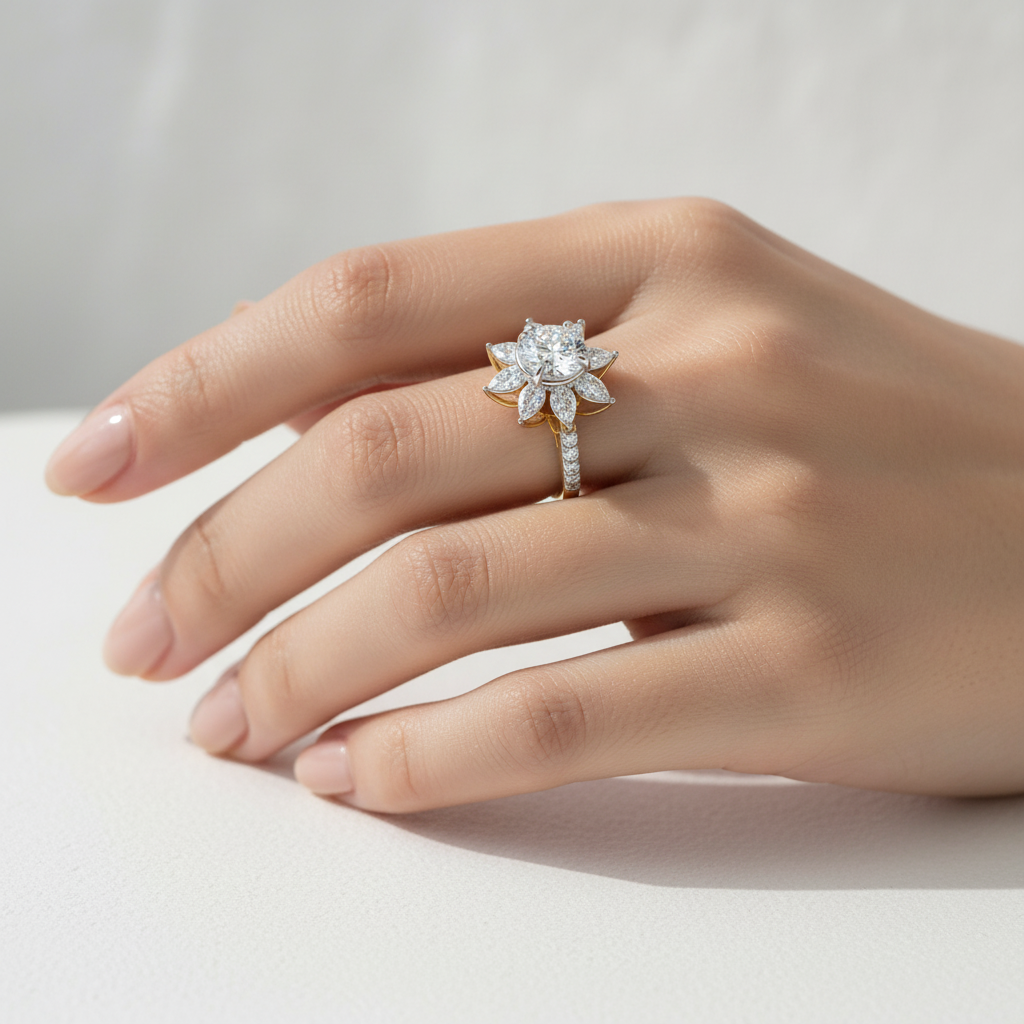 Two-tone gold round brilliant diamond engagement ring with marquise and pear-shaped diamond floral halo and pavé band on model