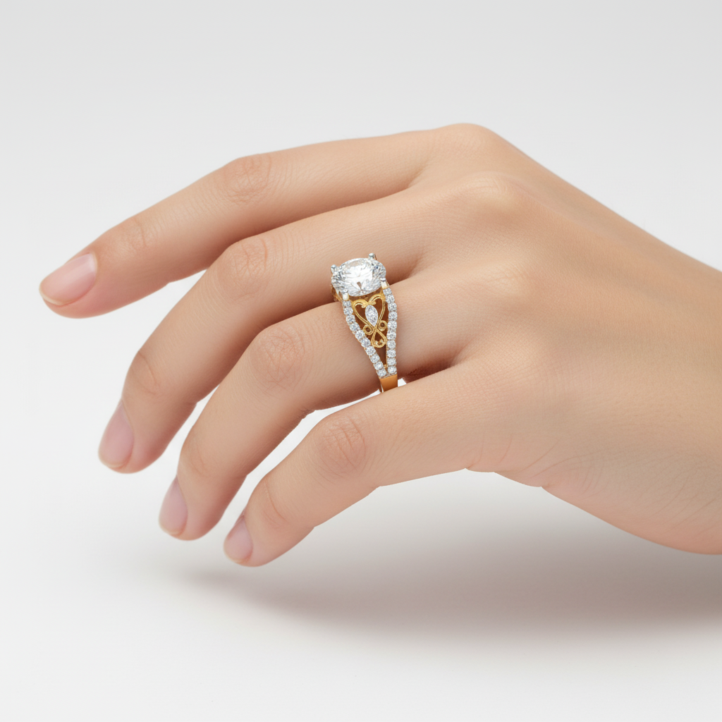 Two-tone gold round brilliant diamond engagement ring with ornate filigree and pavé band on model
