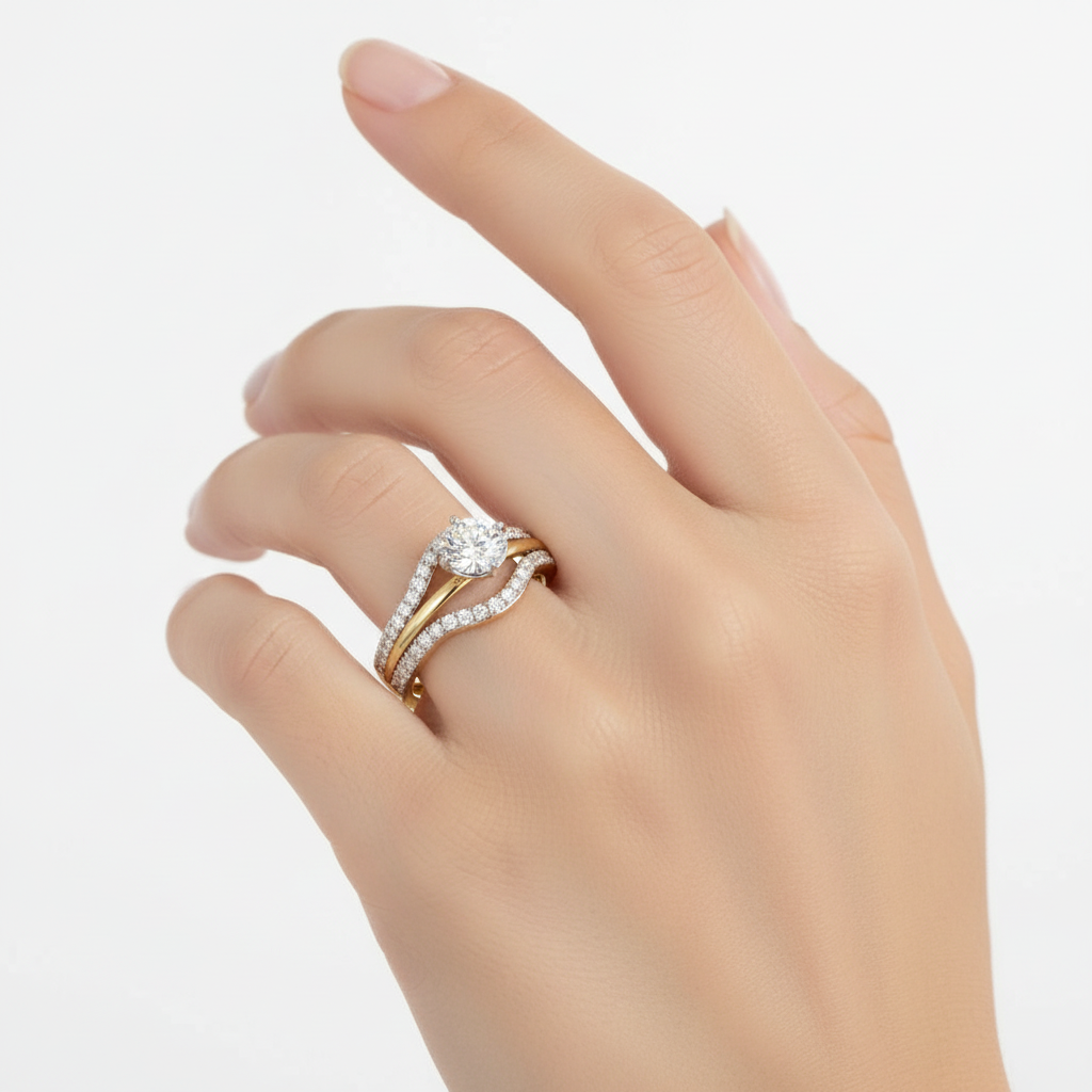 Two-tone gold round brilliant diamond engagement ring with triple-row split shank on model