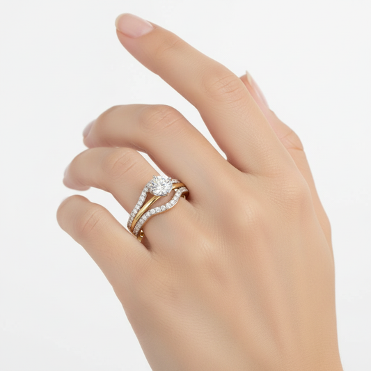 Two-tone gold round brilliant diamond engagement ring with triple-row split shank on model