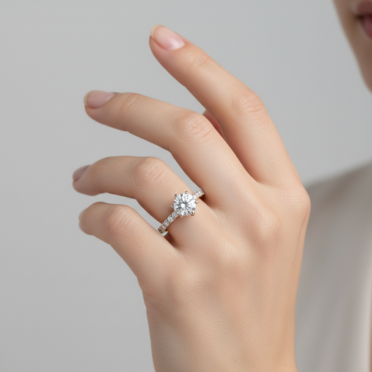 Two-tone gold round brilliant diamond solitaire engagement ring with pavé band on model