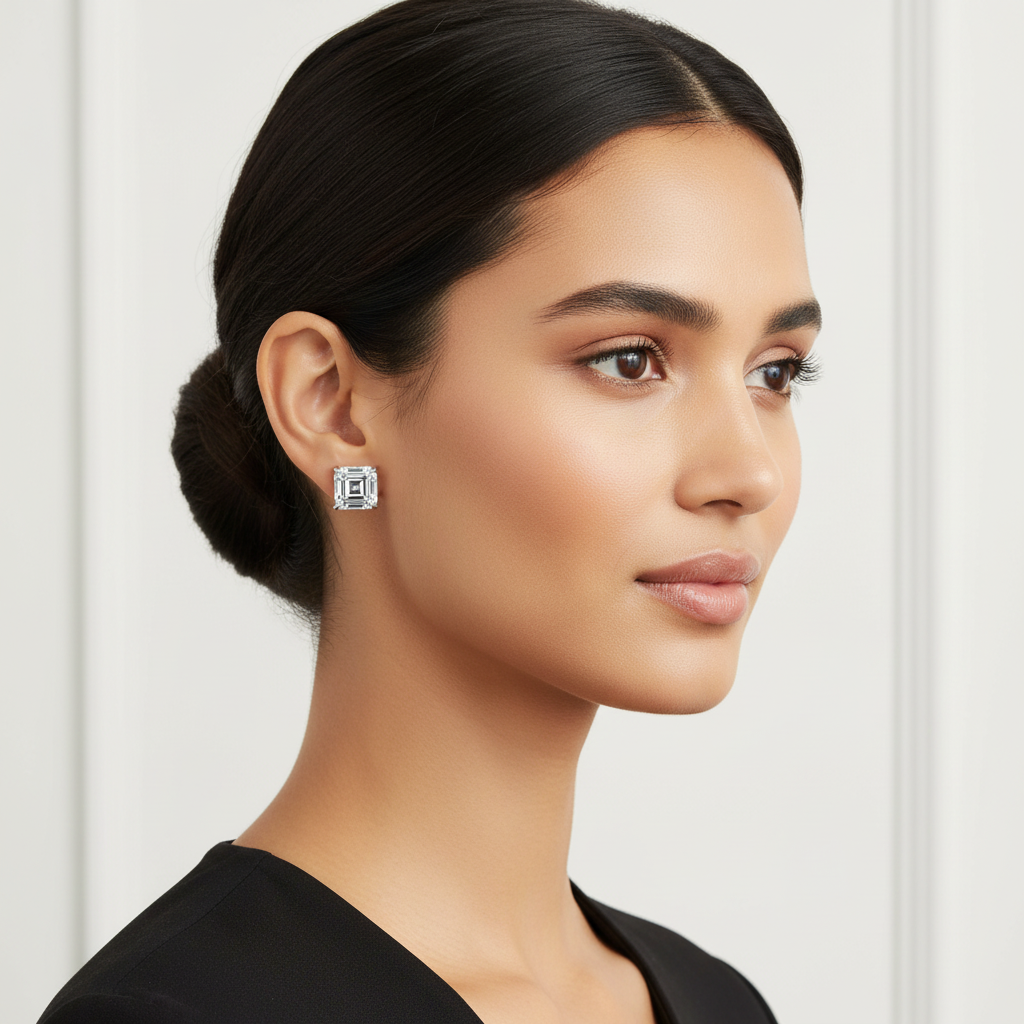 White gold asscher-cut diamond stud earrings on model