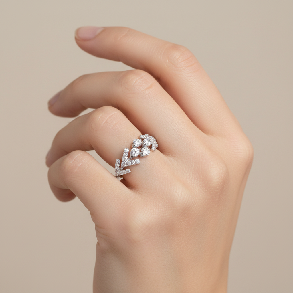 White gold chevron diamond eternity ring on model