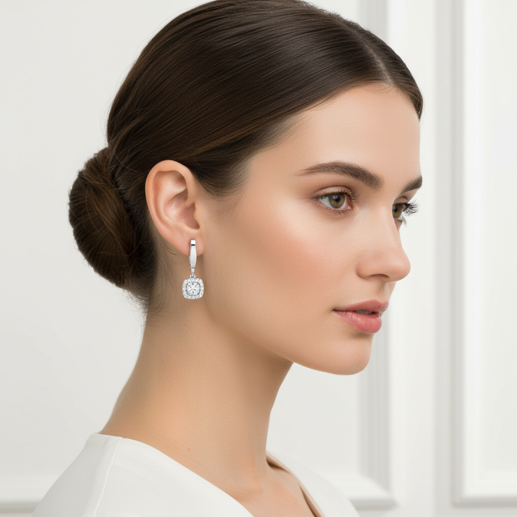 White gold cushion-cut diamond halo drop hoop earrings on model