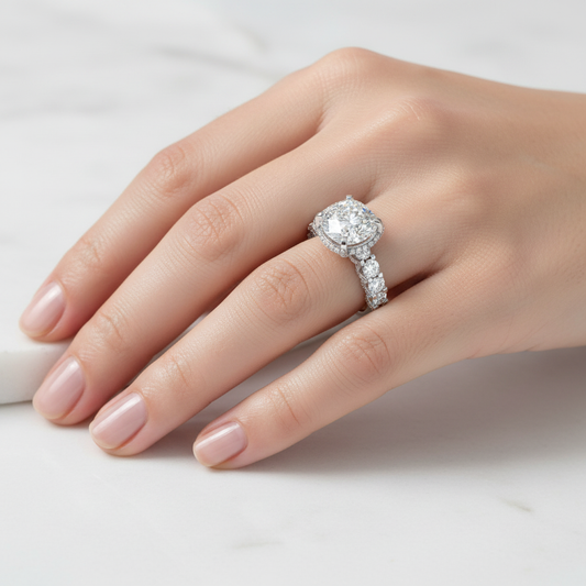 White gold cushion-cut diamond halo engagement ring with shared prong diamond band on model