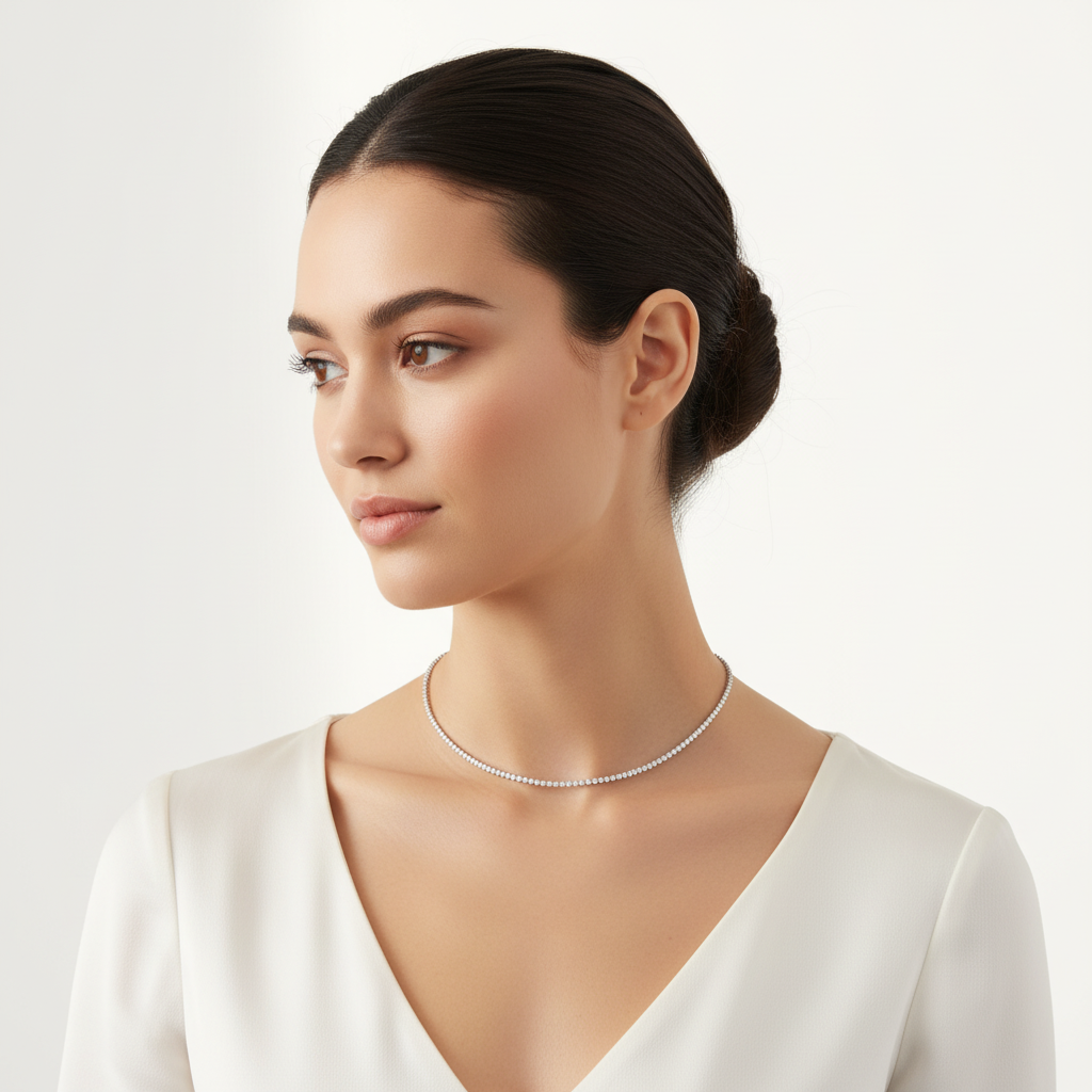 White gold delicate diamond tennis necklace on model