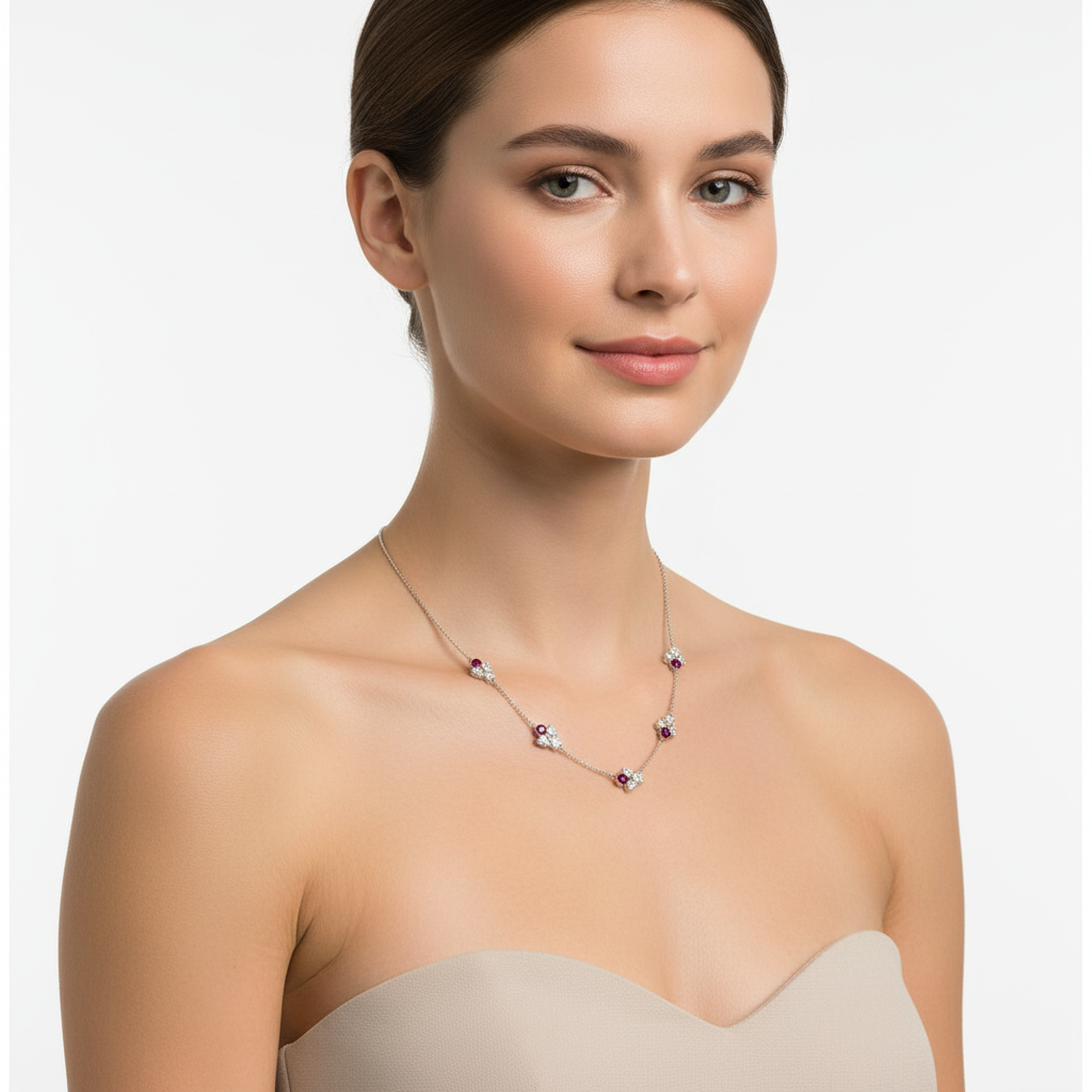 White gold diamond and ruby floral necklace on model