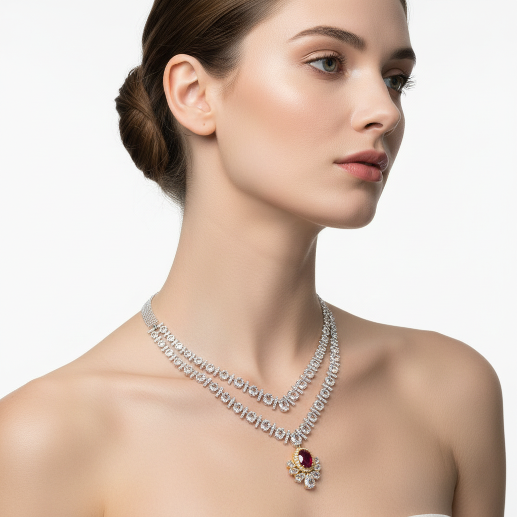 White gold diamond and ruby statement necklace on model