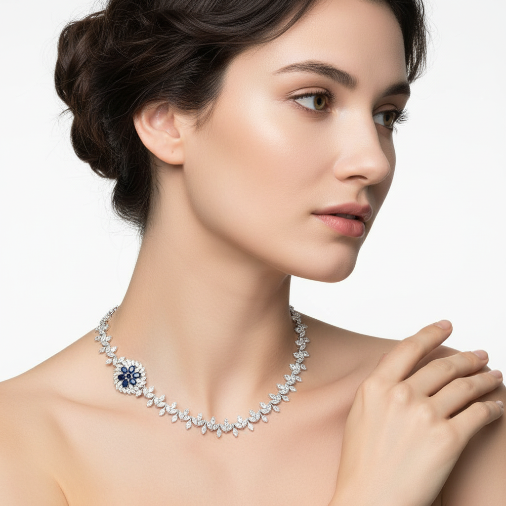 White gold diamond and sapphire necklace on model