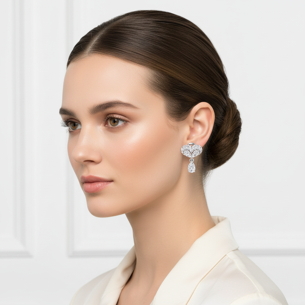 White gold diamond cluster drop earrings with pear-shaped accents on model