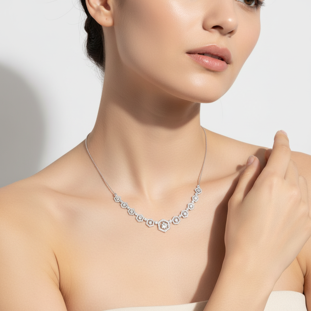 White gold diamond hexagonal necklace on model