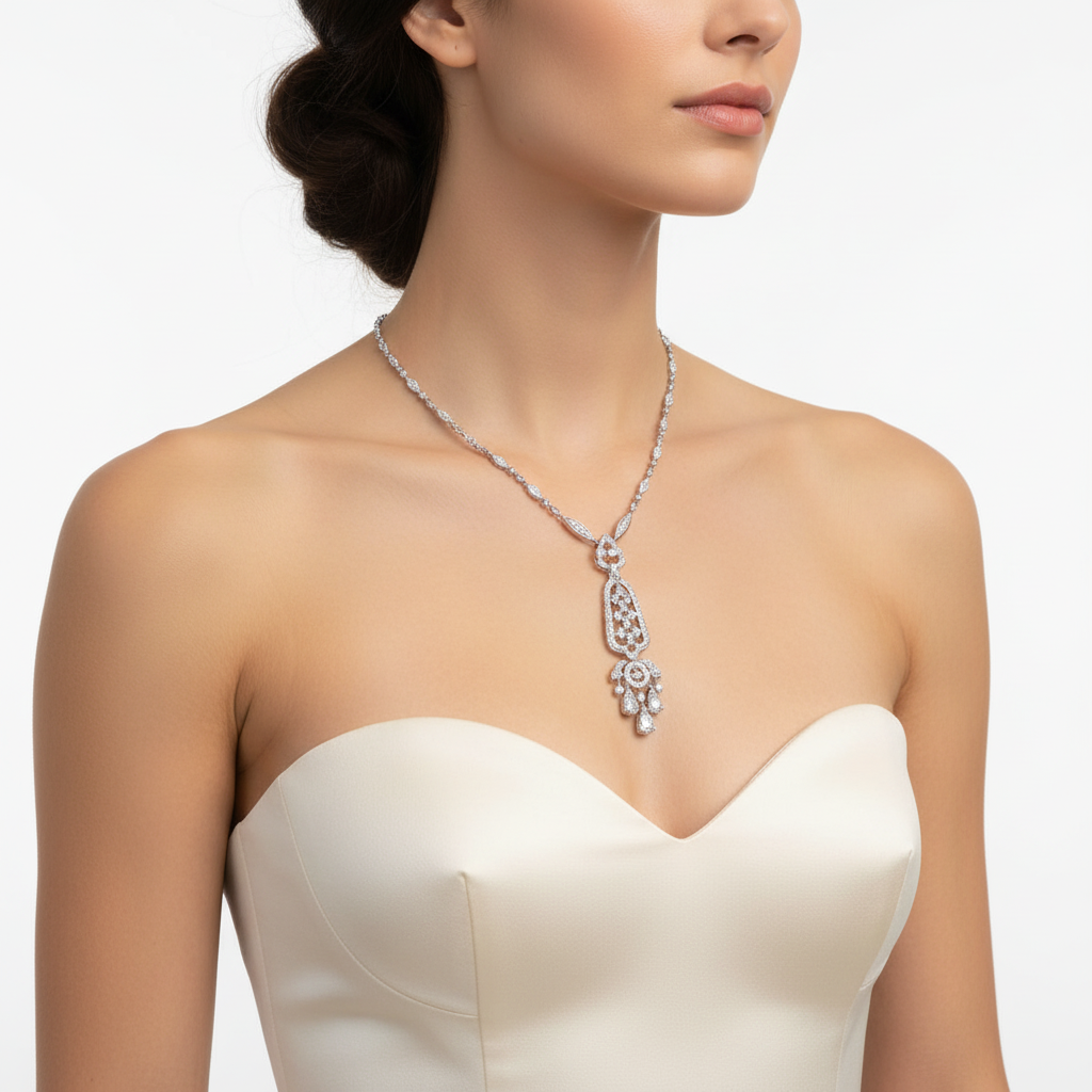 White gold diamond statement necklace on model
