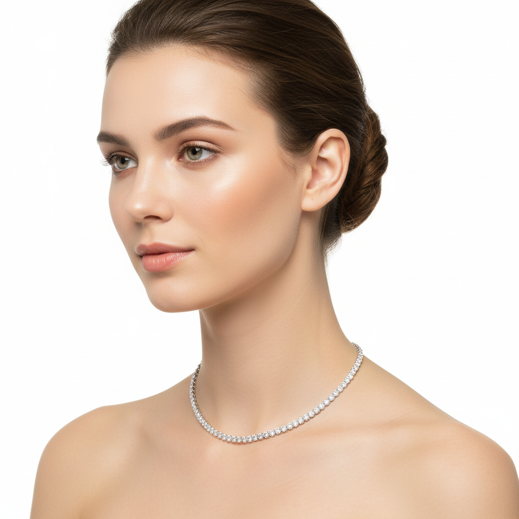 White gold diamond tennis necklace on model