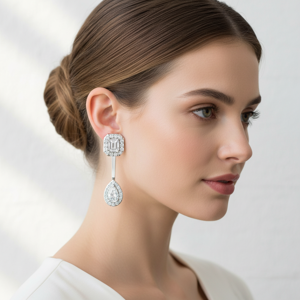 White gold emerald-cut and pear-shaped diamond ear jacket earrings on model