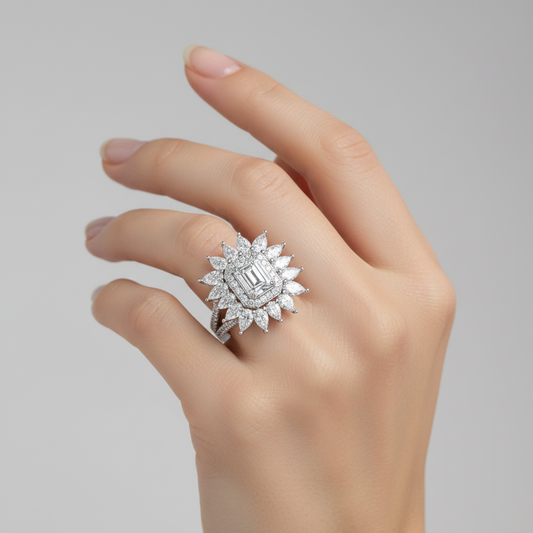 White gold emerald-cut diamond floral cluster cocktail ring with marquise and round diamond accents on model