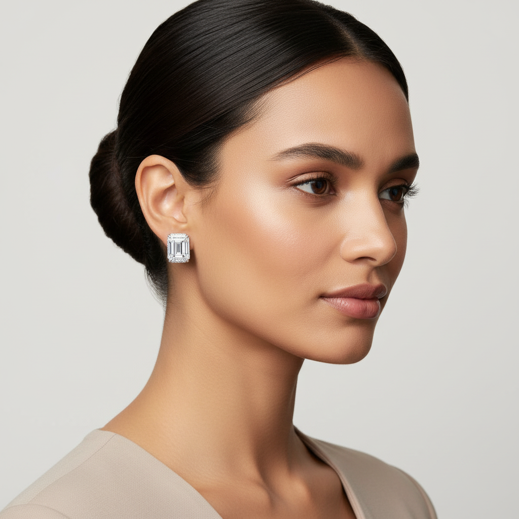 White gold emerald-cut diamond halo stud earrings on model