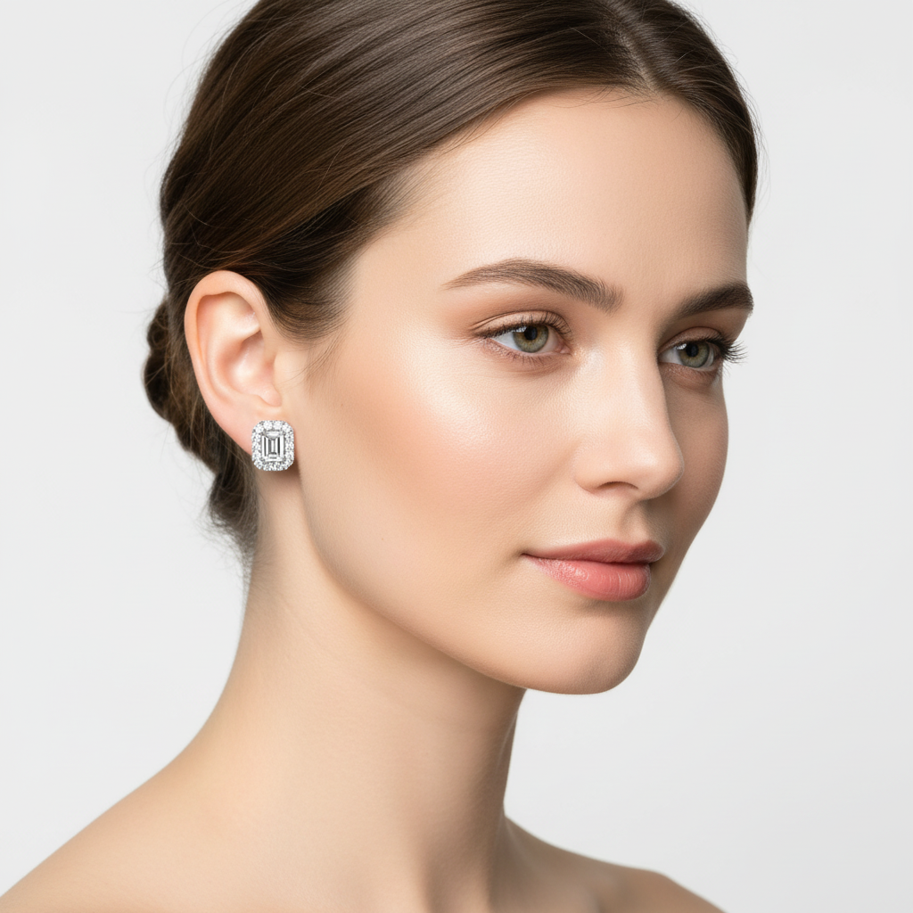 White gold emerald-cut diamond halo stud earrings on model