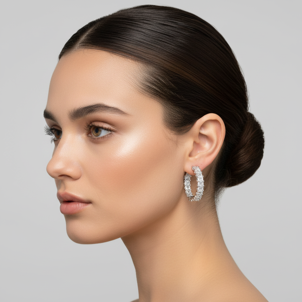White gold emerald-cut diamond hoop earrings on model