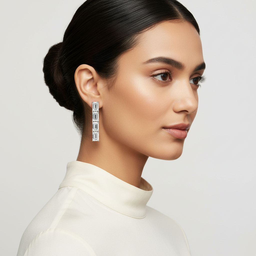 White gold emerald-cut diamond linear drop earrings on model