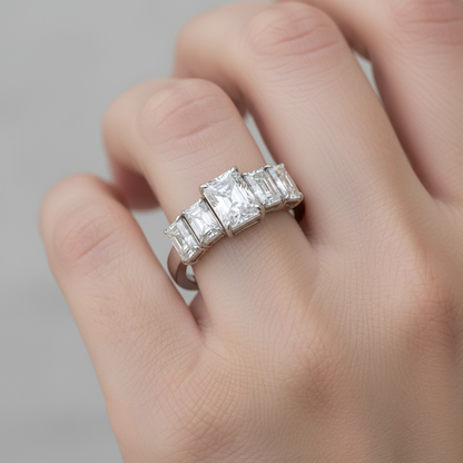 White gold five-stone radiant-cut diamond anniversary band on model