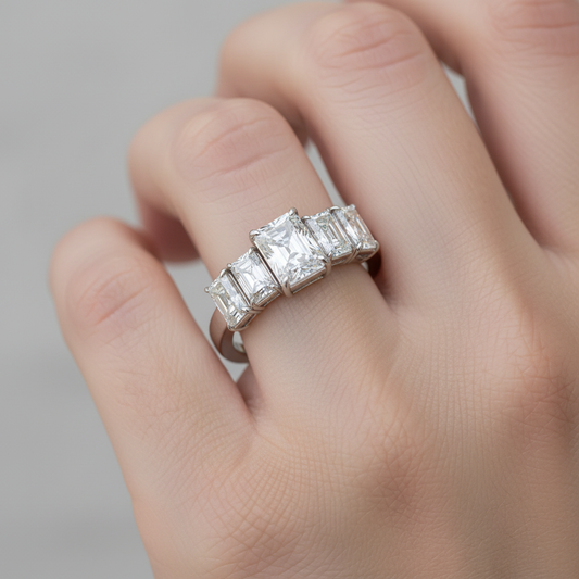 White gold five-stone radiant-cut diamond anniversary band on model