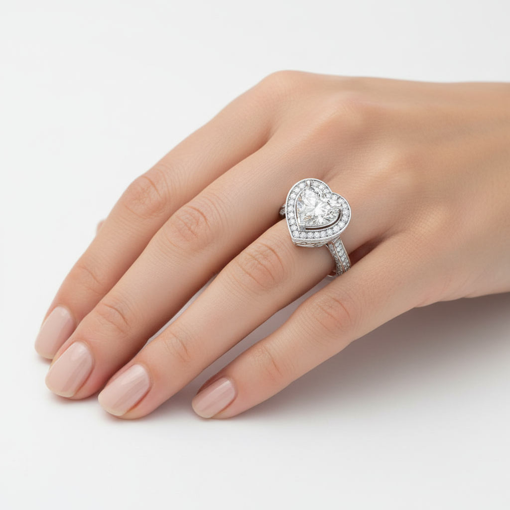 White gold heart-shaped diamond double halo engagement ring with split shank pavé band on model