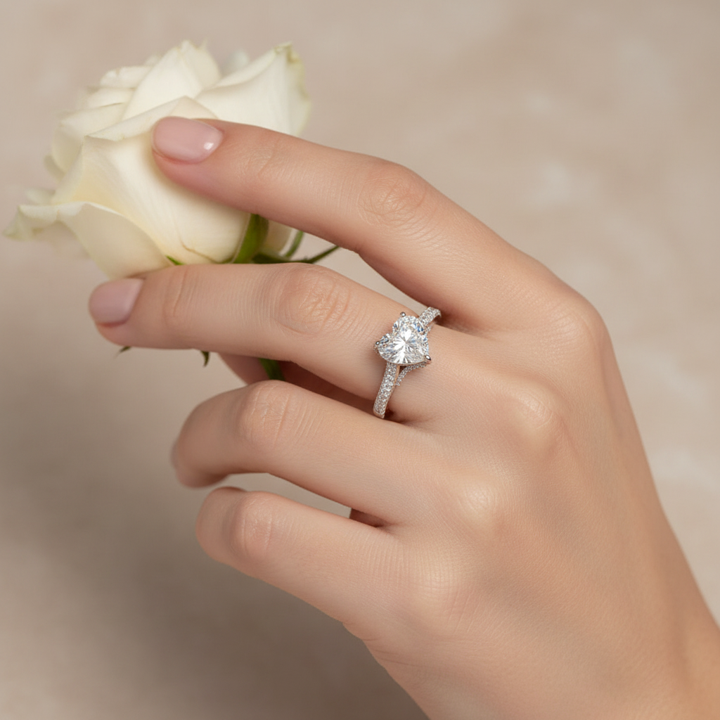 White gold heart-shaped diamond engagement ring with triple-row pavé band on model