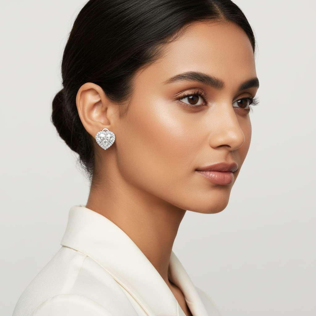 White gold heart-shaped diamond halo stud earrings on model