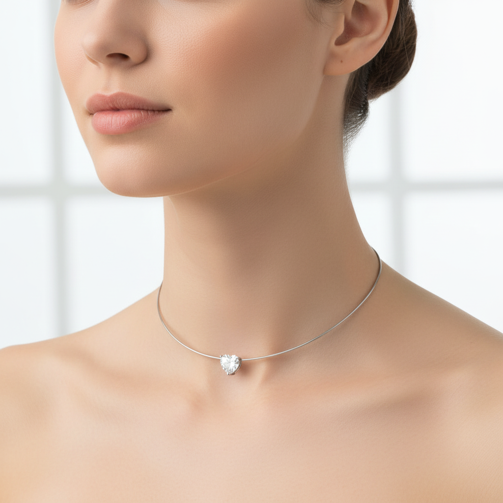 White gold heart-shaped diamond necklace on model