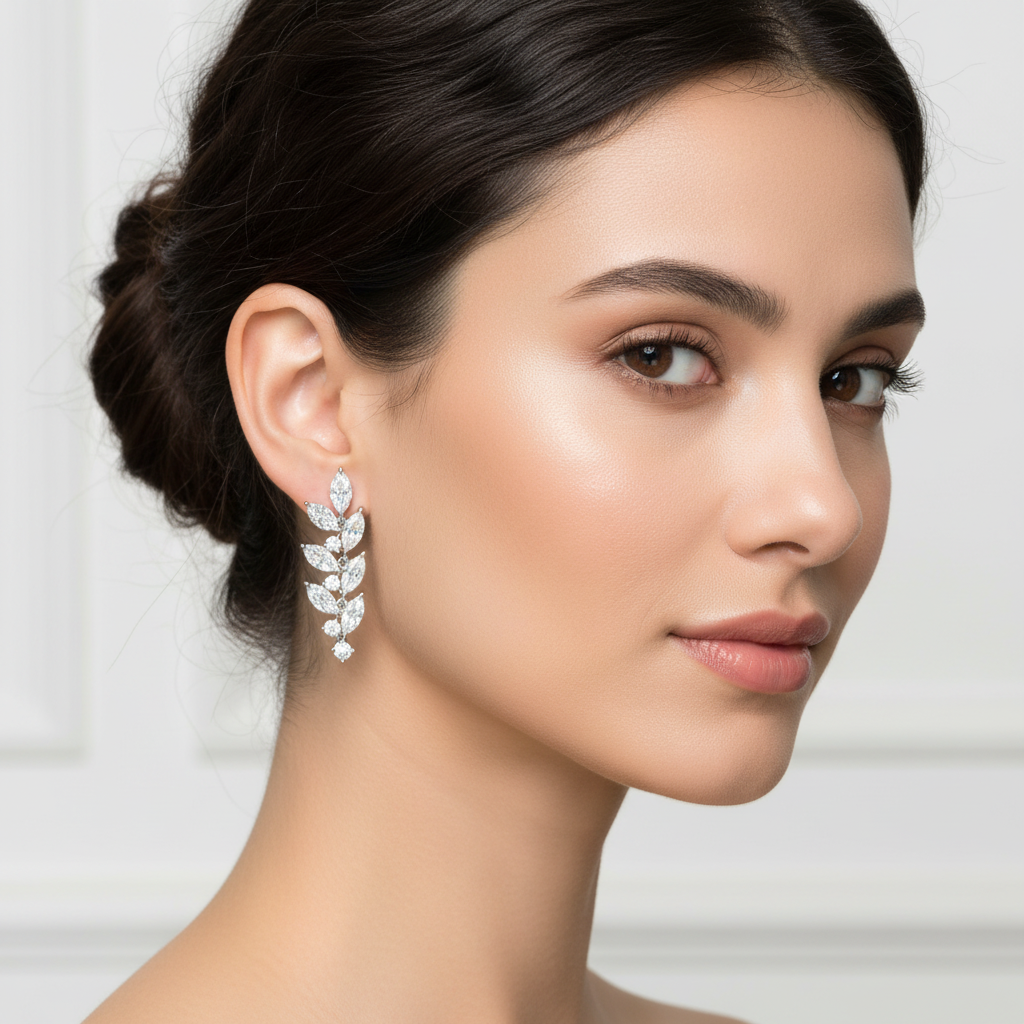 White gold marquise and round diamond leaf ear climber earrings on model