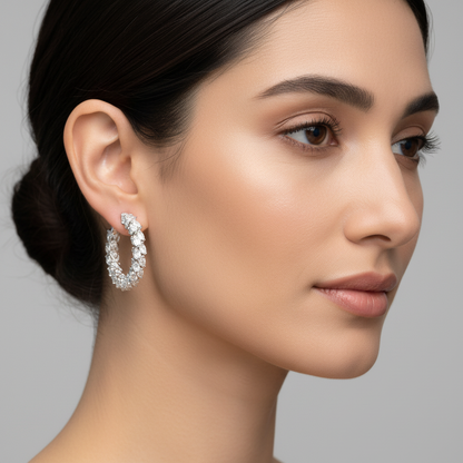 White gold marquise diamond hoop earrings on model