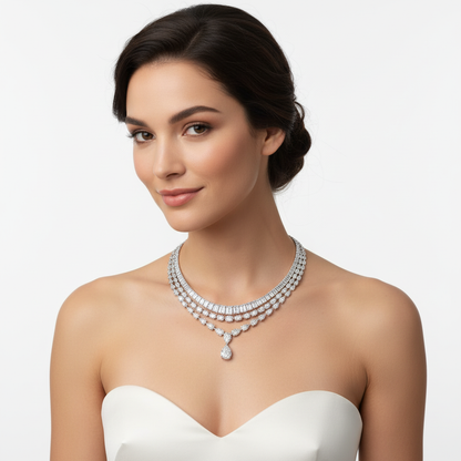 White gold multi-strand diamond necklace on model
