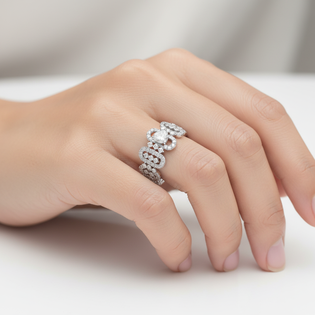 White gold openwork oval diamond eternity ring on model