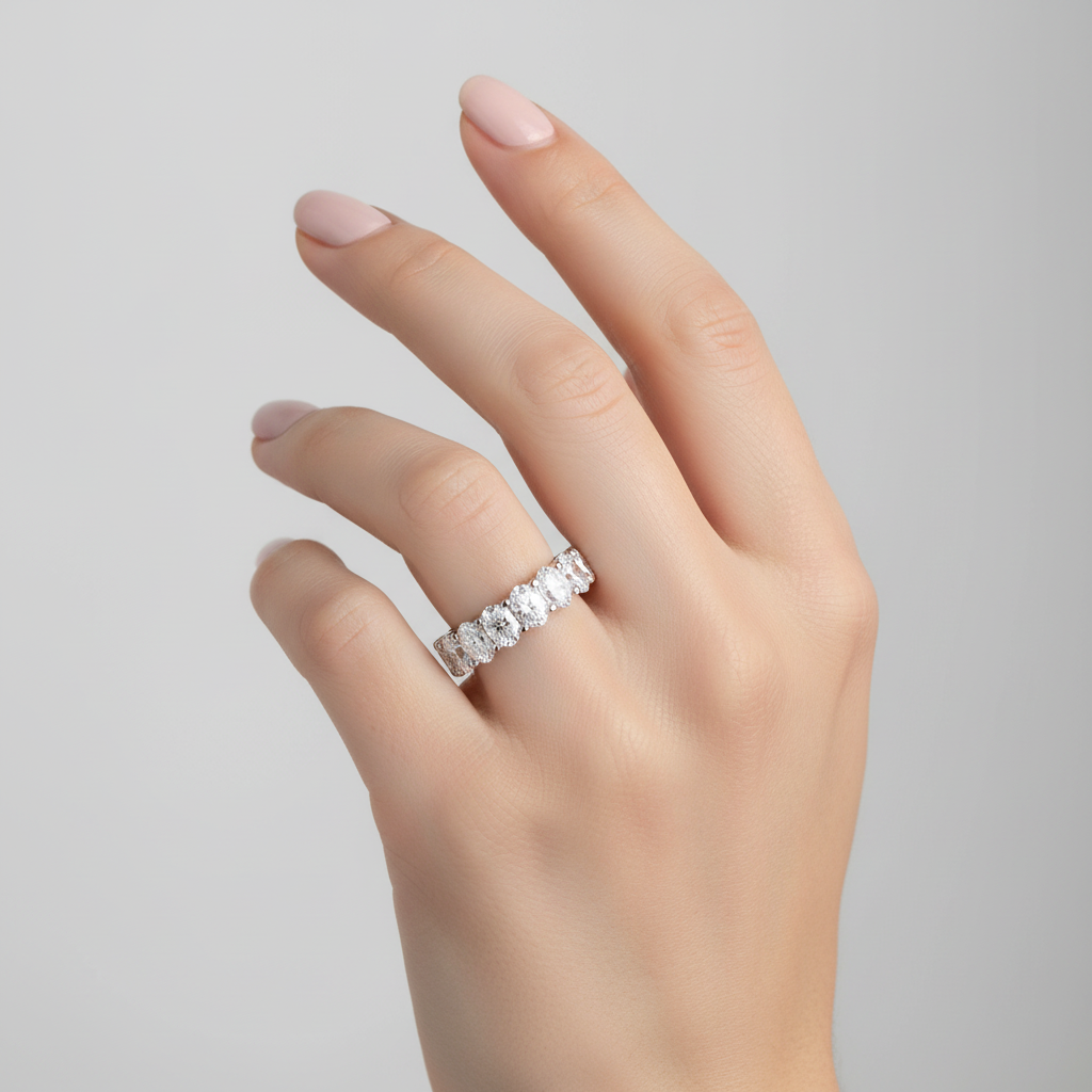 White gold oval diamond double-row eternity band on model