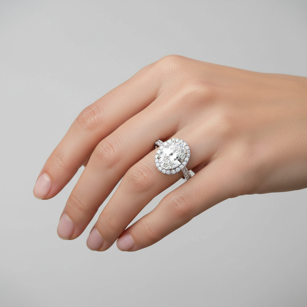 White gold oval diamond halo engagement ring with pavé band on model