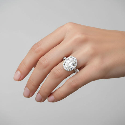 White gold oval diamond halo engagement ring with pavé band on model