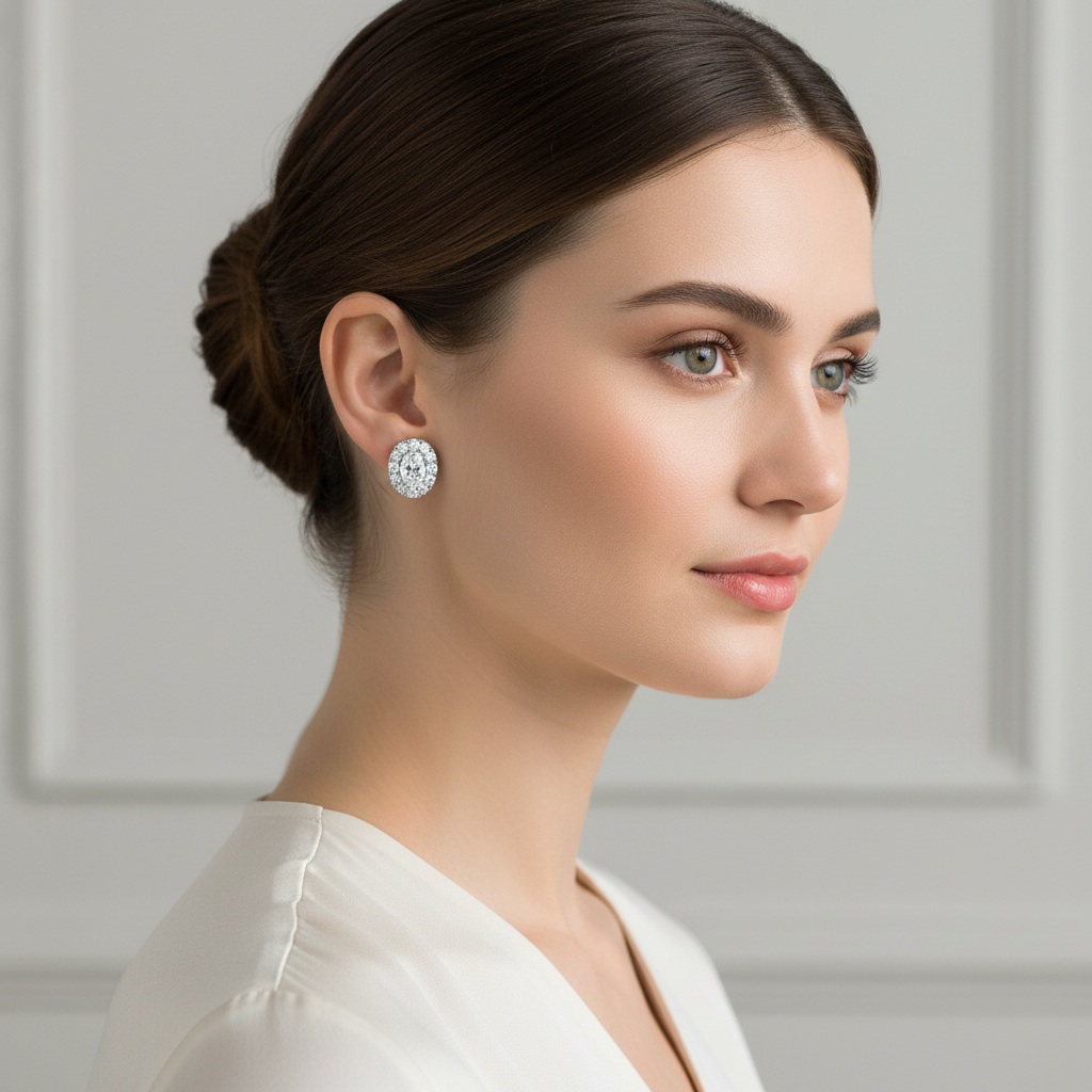 White gold oval diamond halo stud earrings on model