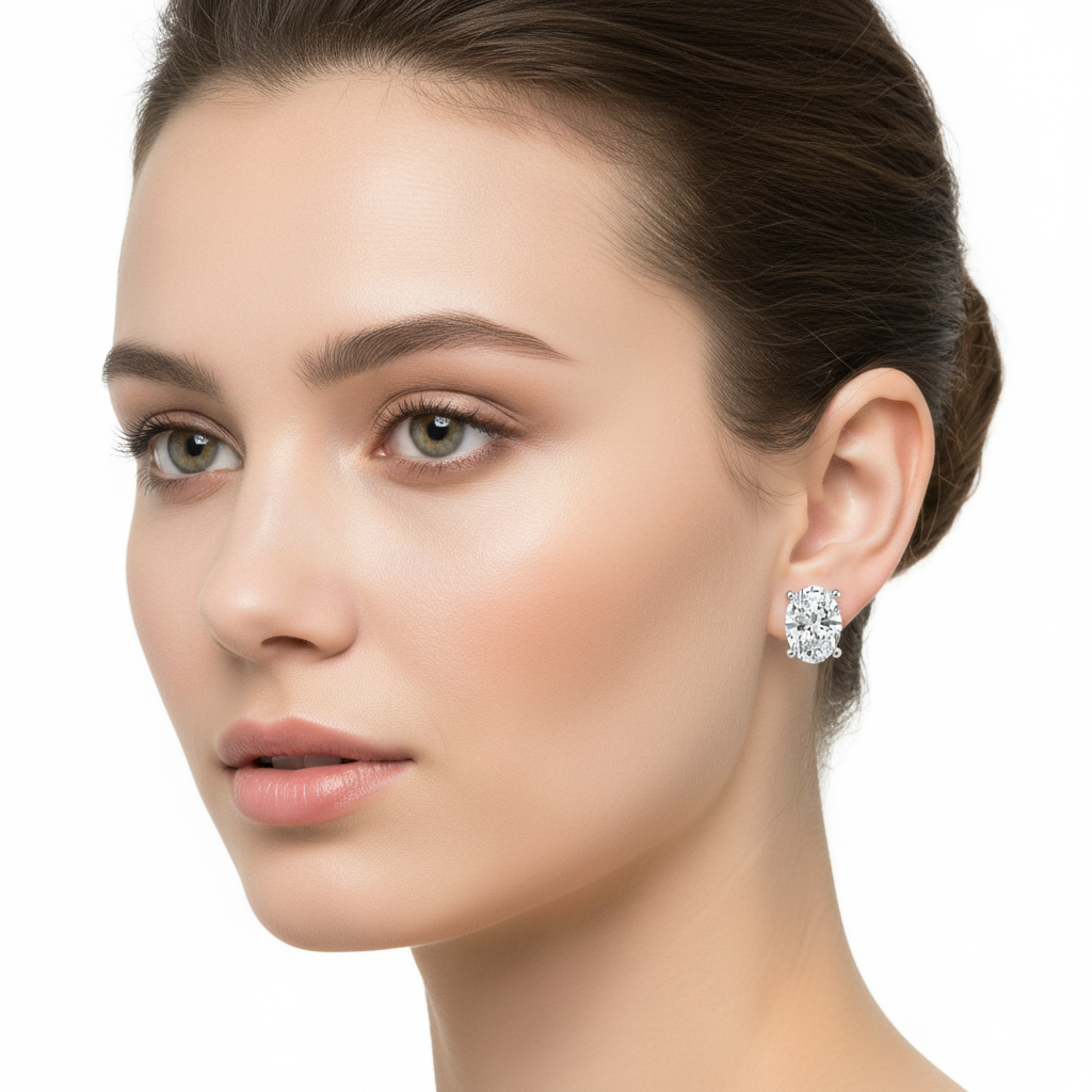 White gold oval diamond stud earrings on model