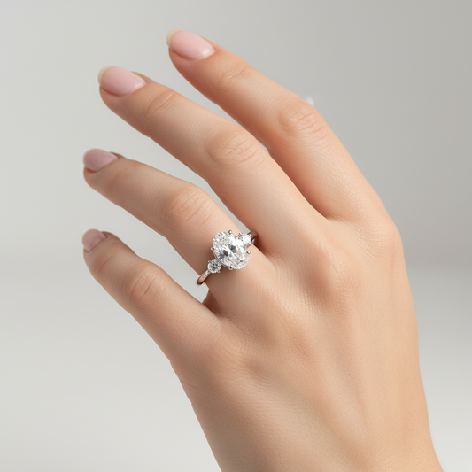 White gold oval diamond three-stone engagement ring on model